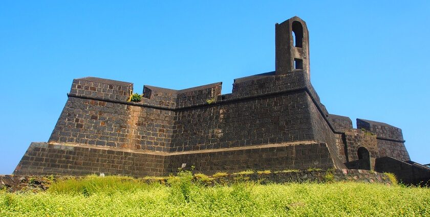 Worli Fort Mumbai with its historic stone walls overlooking the Arabian Sea under a cloudy sky