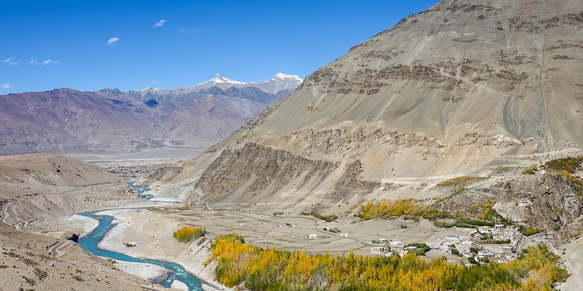 Stunning mountains and valleys provide a backdrop for paragliding in Ladakh.