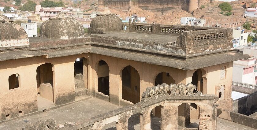 Intricate and elevated entrance to a historic Haveli with Shekhawati architecture.