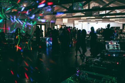 A glimpse of people inside a club grooving to the acoustical beats and neon lights.