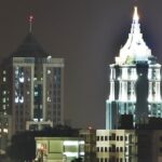 Aerial view with places to visit in Bangalore at night.