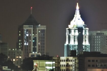 Aerial view with places to visit in Bangalore at night.