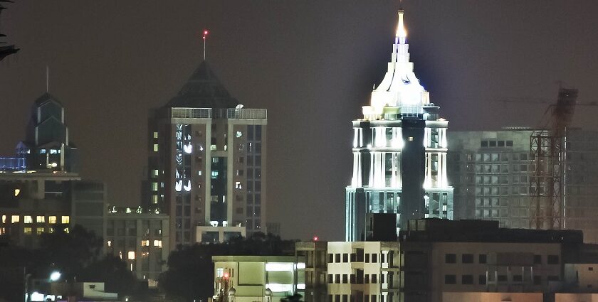 Aerial view with places to visit in Bangalore at night.