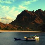 A picture of Komodo National Park, terrain rough and waters clear enough.