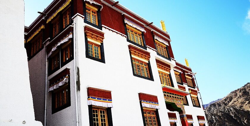 Breathtaking side view of a monastery in Leh with marvellous architecture during the day.