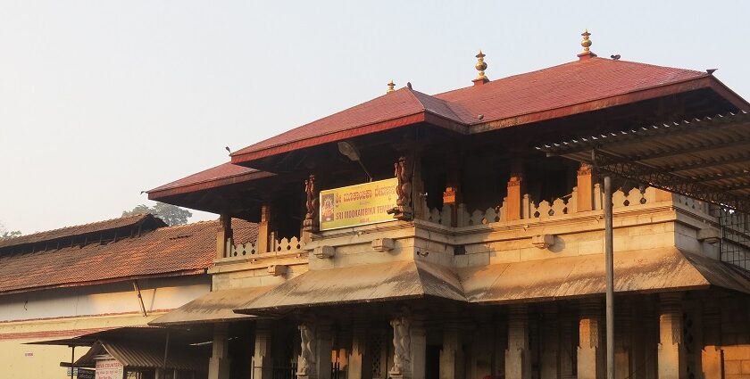 The entrance of Mookambika Temple situated in the Kollur for every traveller to explore.