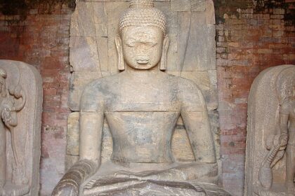 Inner view of a shrine showcasing the statue of Shakyamuni along with the bodhisattvas