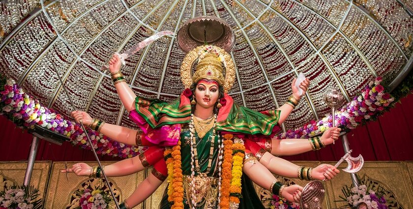 Image of Maa Durga idol in a temple - set on a peaceful journey by exploring the sacred temples in karjat