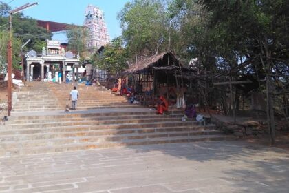 A temple in Tindivanam, showcasing its architectural design and surroundings.