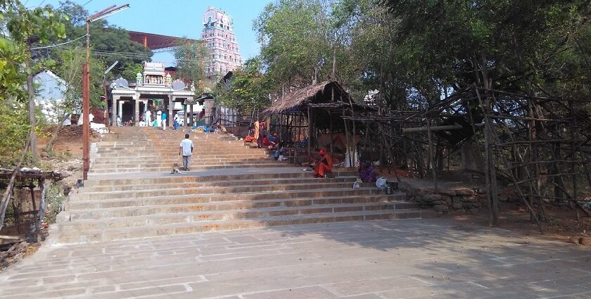 A temple in Tindivanam, showcasing its architectural design and surroundings.