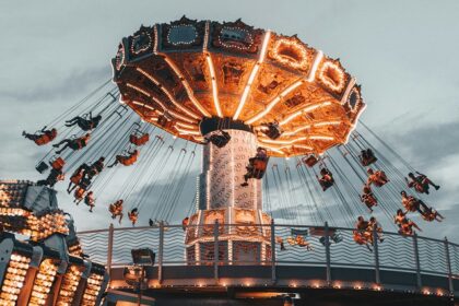 A group of friends joyfully enjoying an adventurous ride, embracing the theme park.