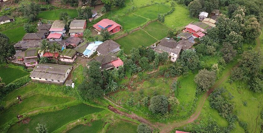 Lush greenery and cottages in Nature Village, Ratnagiri, Maharashtra.