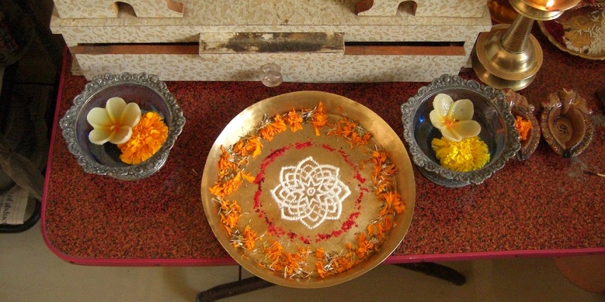 Pooja Thali is decorated at Bishalaxmi temple, a religious thing to do in Bakkhali.