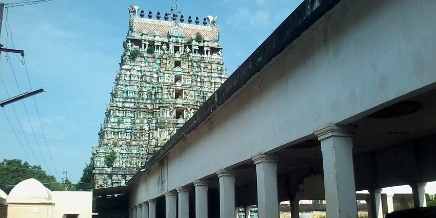 Amirthakadeswarar Temple with its gopuram and hall of white pillars leading to the temple