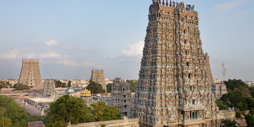 A view of several magnificent gopurams of Panduranga temple.