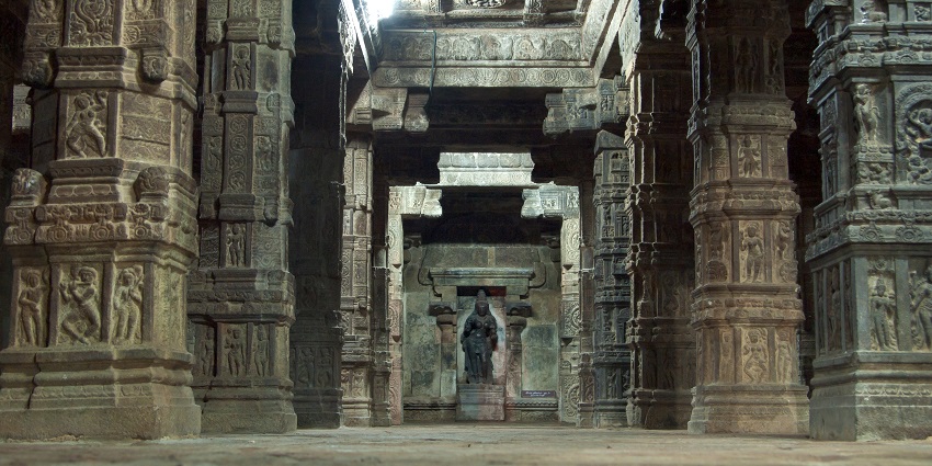 Sanctum Sanctorum of Airavatesvara Temple with detailed stone architecture and sculpture.