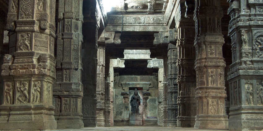 Stone carvings and sculptures in the sanctum sanctorum of the Airavatesvara Temple.