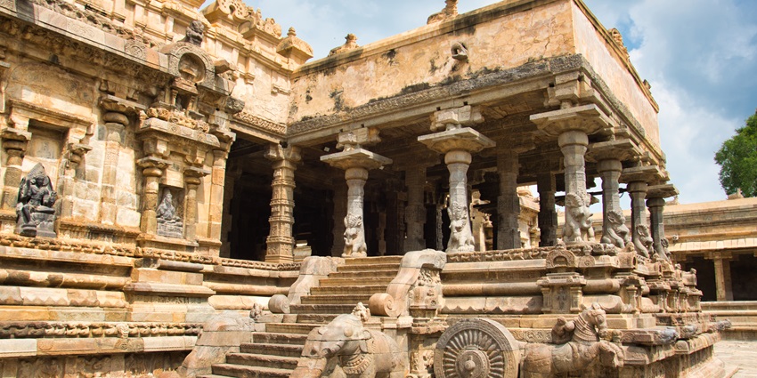 A memserising view of Airavatesvara Temple with stunning brown architecture in the day.