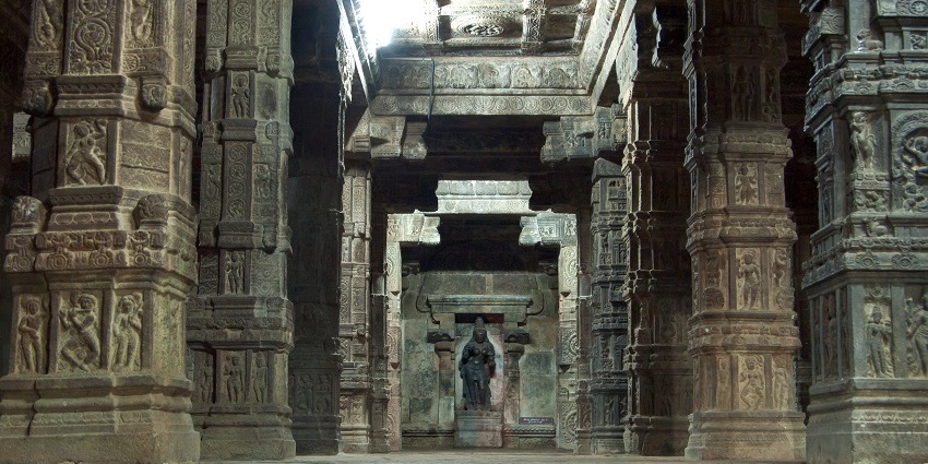 Stone carvings and sculptures in the sanctum sanctorum of the Airavatesvara Temple.