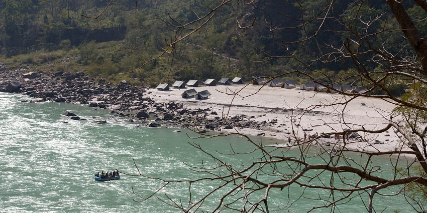 Luxury camping in Shivpuri offers serene views of the river Ganges during daytime.