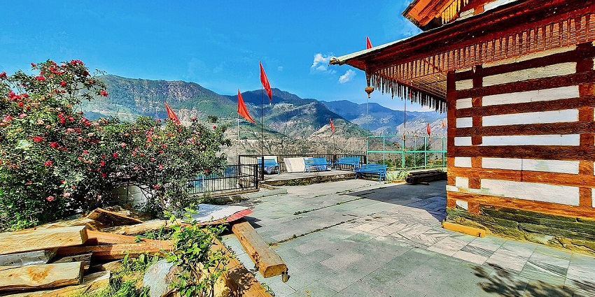 Majestic view of the Ambika devi temple, with hills in the backdrop