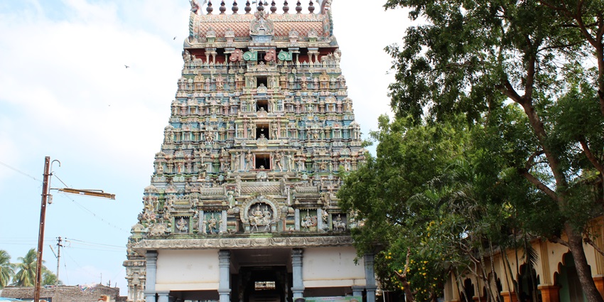 A glimpse of the majestic Amritaghateswarar Abhirami Temple adorned with vibrant hues.
