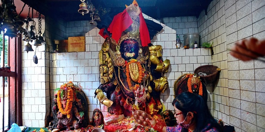 Interior of a Bhairav temple in Ramnagar located in a serene environment.