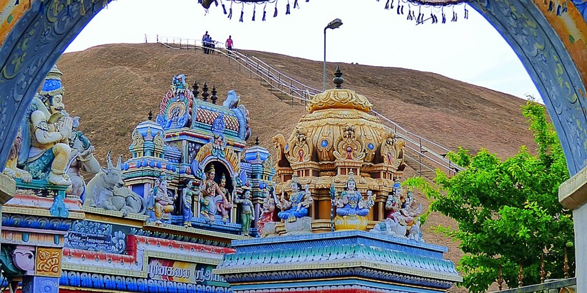Samanar Hills seen from the Ayyanar Temple, framed by the shrine’s architectural design