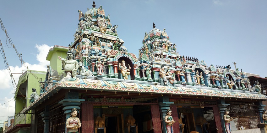 Subramanyar Temple with colourfully detailed carvings and vibrant statues at the entrance.