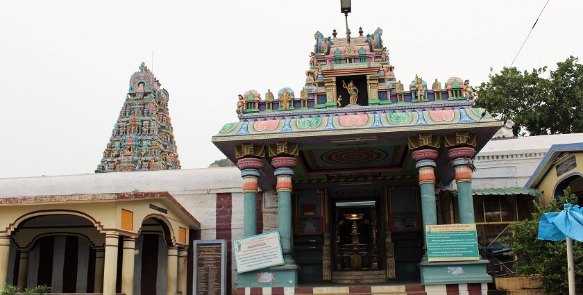 Ardhanareeswarar Temple steps leading to the main temple, top of the temple showcasing stonework.