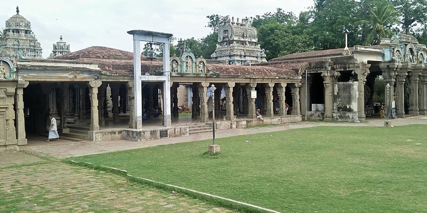 The Ulagamman Temple featuring intricate carvings and vibrant colours in Tamil Nadu.