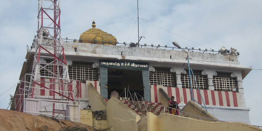 View of the top portion of Uchi Pillaiyar Temple showcasing stairs leading to the entrance of the temple