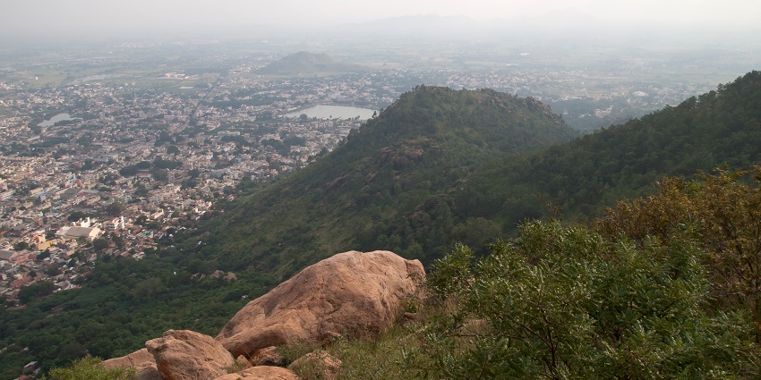 View of Arunachala Hill, a famous place near Arunachalam , with rocky slopes and greenery