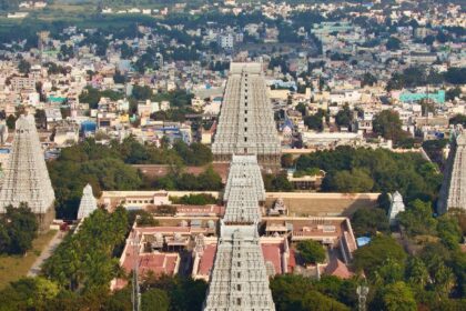 View of Arunachalam Temple from a nearby hill surrounded by trees and natural landscape