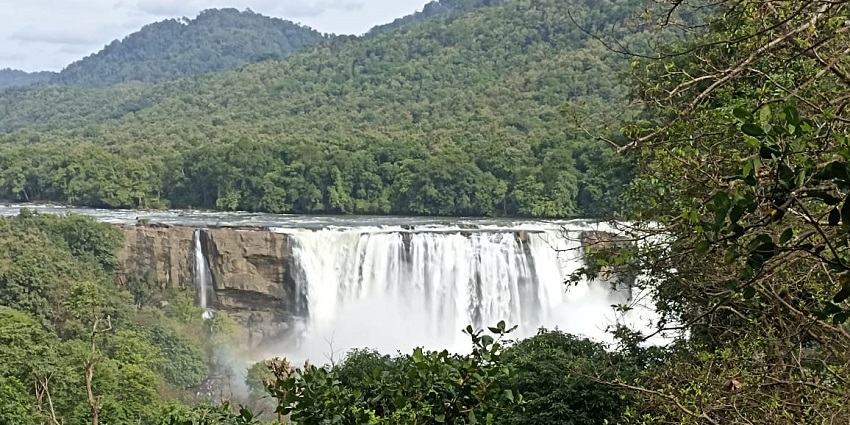 Wide waterfalls in Kolli Hills cascading down rocky cliffs surrounded by green forest.