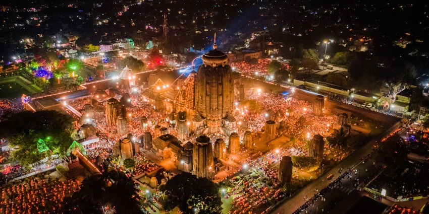 Aerial view of the temple during Mahashivratri celebration at night