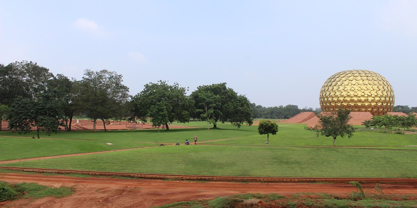 An image showing a beautiful view of the Matrimandir in Auroville, Pondicherry.