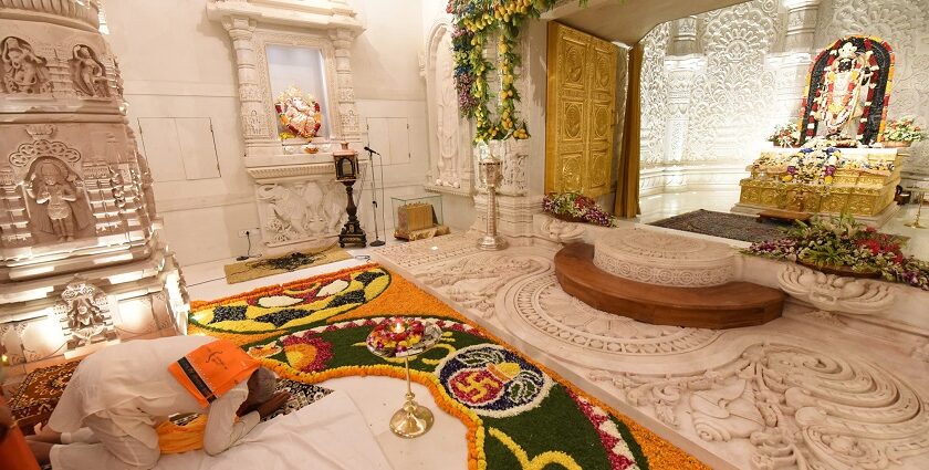 A panoramic view of Ayodhya Temple, showcasing its intricate architecture and serenity.