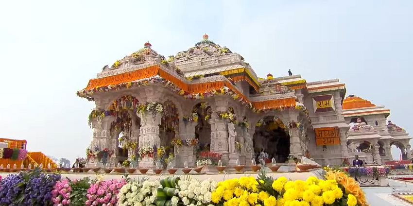 Wide angle view of the Ram mandir in Ayodhya, a must visit attraction for all devotees