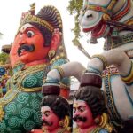 Colourful terracotta statues of Muthiah and Ayyanar with details at one Ayyanar temple.