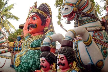 Colourful terracotta statues of Muthiah and Ayyanar with details at one Ayyanar temple.