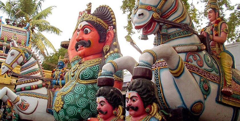 Colourful terracotta statues of Muthiah and Ayyanar with details at one Ayyanar temple.