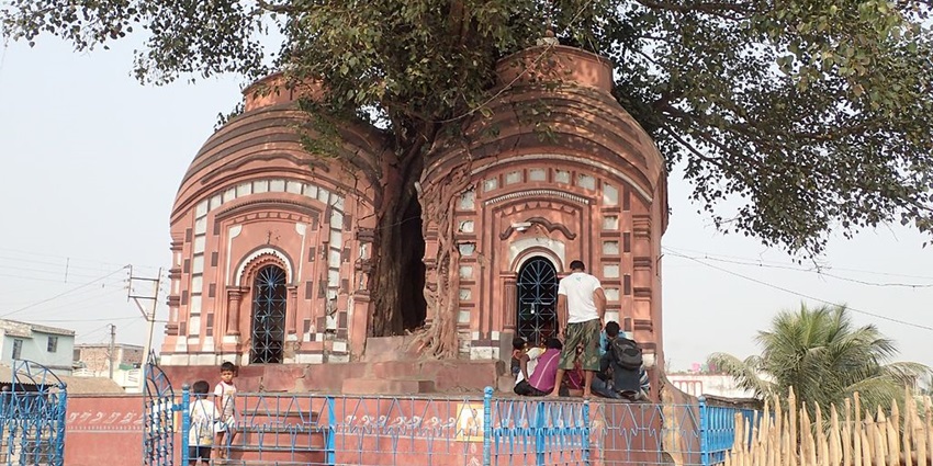 View of the temple complex with few visitors around it, surrounded by lush trees
