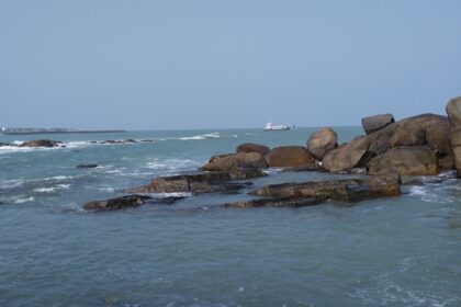 A scenic view of nature showcasing a calm beach in Nagercoil surrounded by lush greenery.