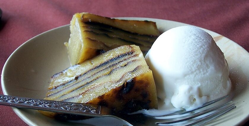 Bebinca, one of the best food in Candolim, served with ice cream.