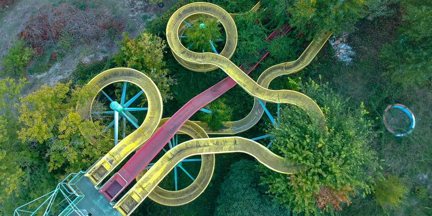 twisting slides in a water park resembles the slides in Fantasy World Water Park