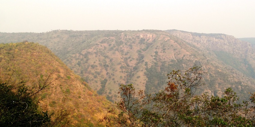 Mountainous landscape of Sathyamangalam Tiger Reserve with dense forests and a clear sky.