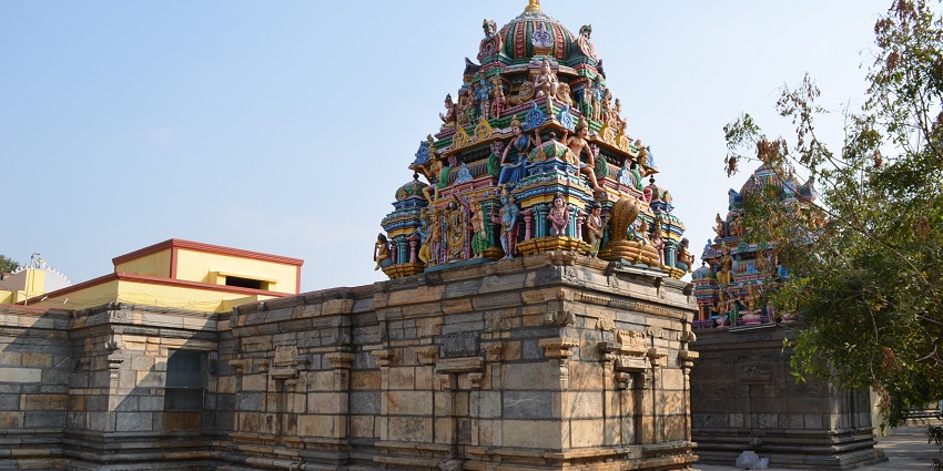 Sangameshwar Temple, Bhavani, the top of the temple showcasing intricate stone carvings.
