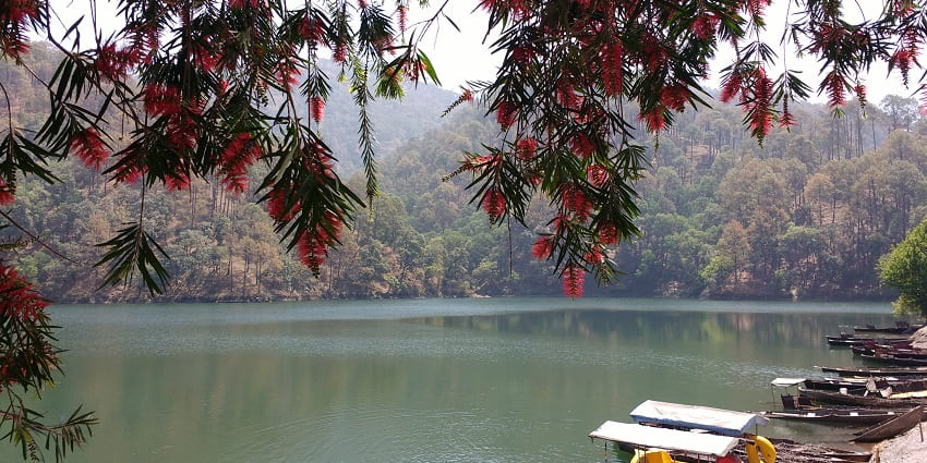 Bhimtal is a scenic lake town famous for boating and the natural beauty surrounding it.