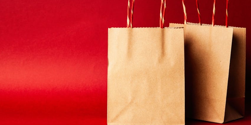 Two paper tote bags with handles, placed on a neutral background.